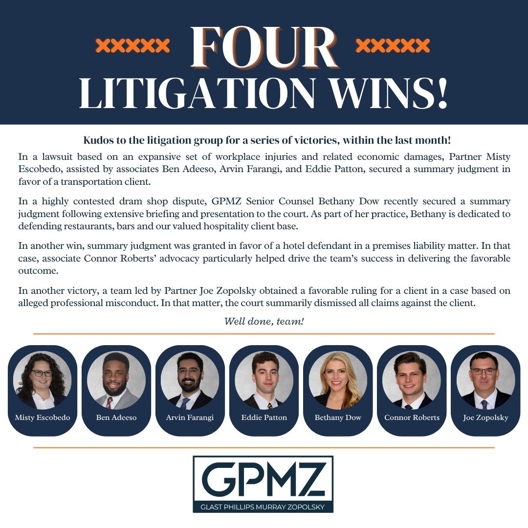 Celebrating four litigation wins by GPMZ law firm, highlighting successful cases and team efforts in various legal matters.