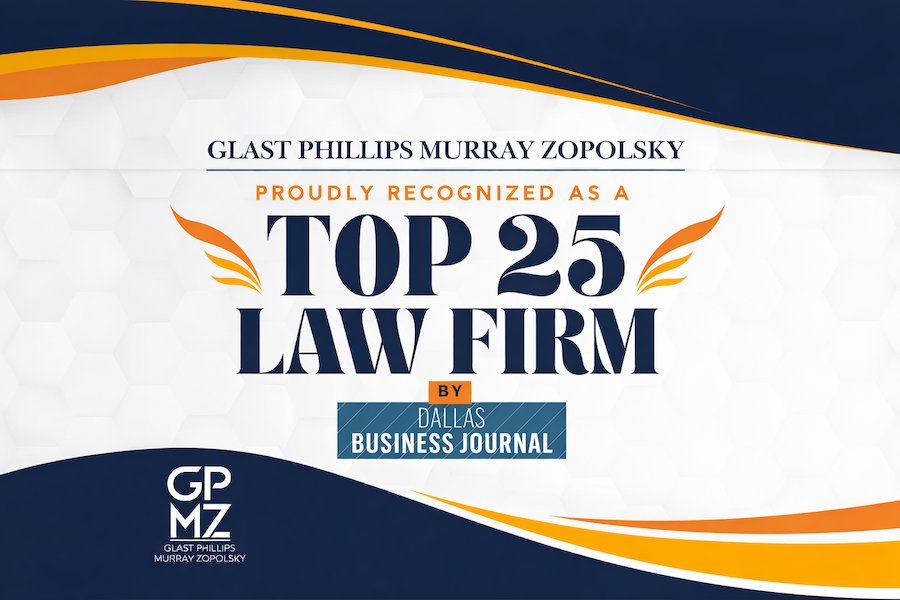 Image showcasing a law firm recognized as a top 25 law firm by the Dallas Business Journal, featuring awards.
