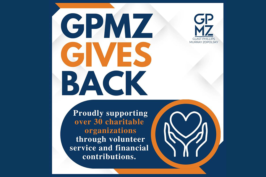 A GPMZ Gives Back graphic stating they support over 30 charities through volunteer service and financial contributions, featuring a heart in hands icon.
