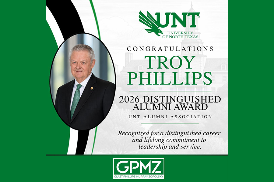 A graphic congratulating Troy Phillips for the 2026 Distinguished Alumni Award from the University of North Texas Alumni Association, featuring his photo.
