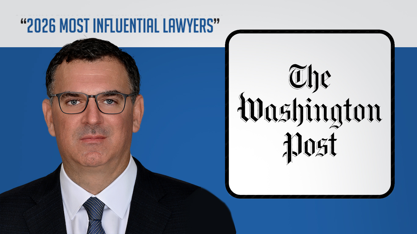 A professional portrait of a man in a suit and glasses next to The Washington Post logo, with the text 2026 Most Influential Lawyers above him.